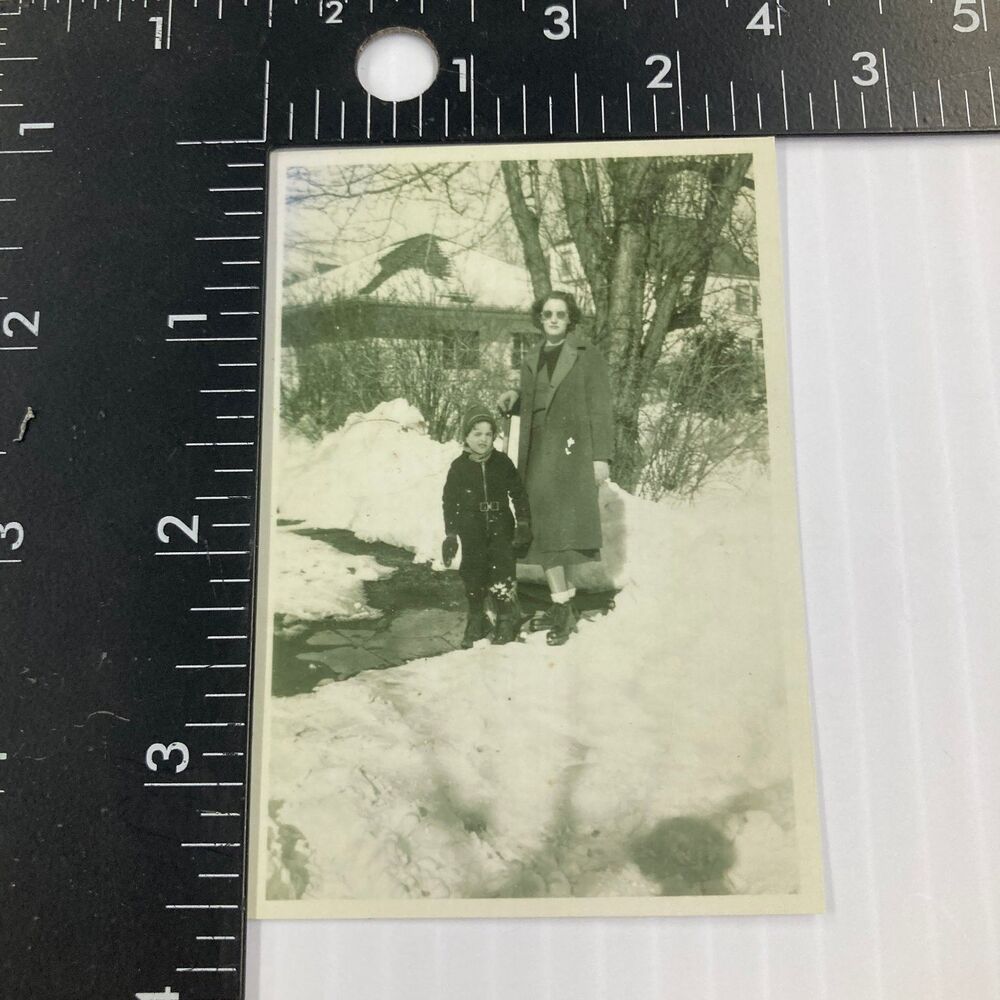 Woman Child Snow Winter Snapshot Photograph 1950s New Jersey Family reprint